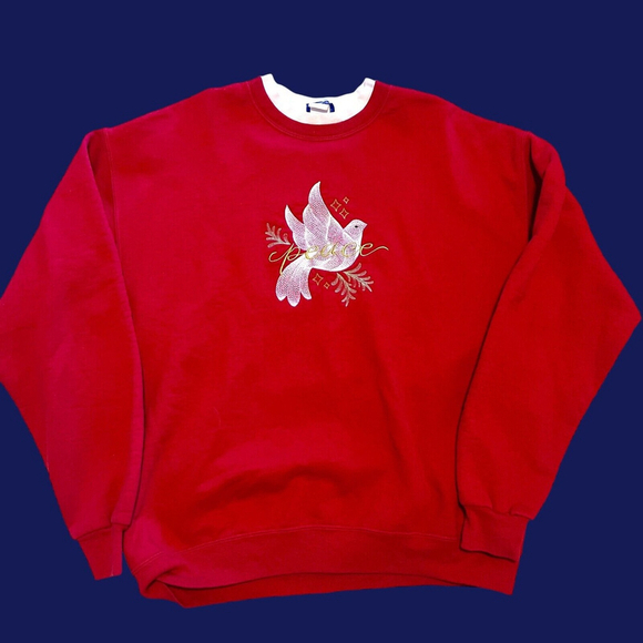 Vintage PFI Fashions Red Christmas Sweatshirt XL Dove Peace Double Crew Neck - Picture 1 of 5
